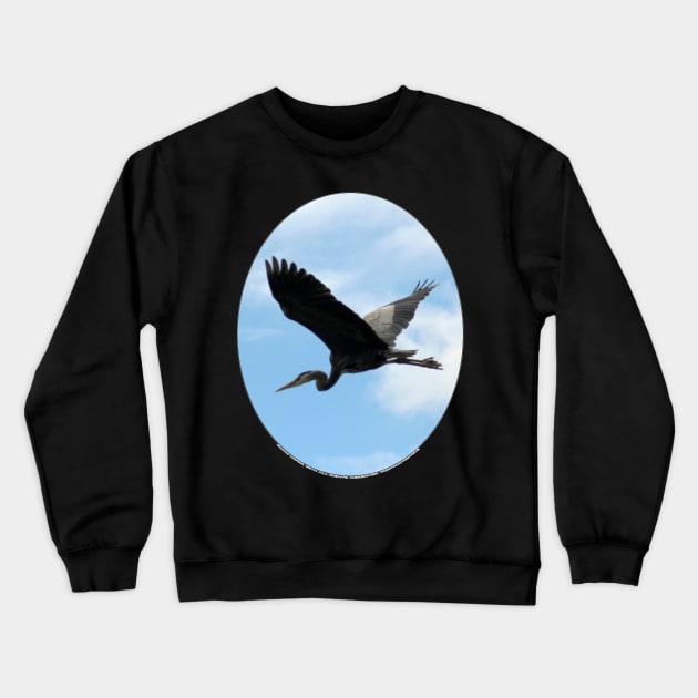 Great Blue Heron Flying Past the Clouds Above Trojan Pond Crewneck Sweatshirt by DlmtleArt